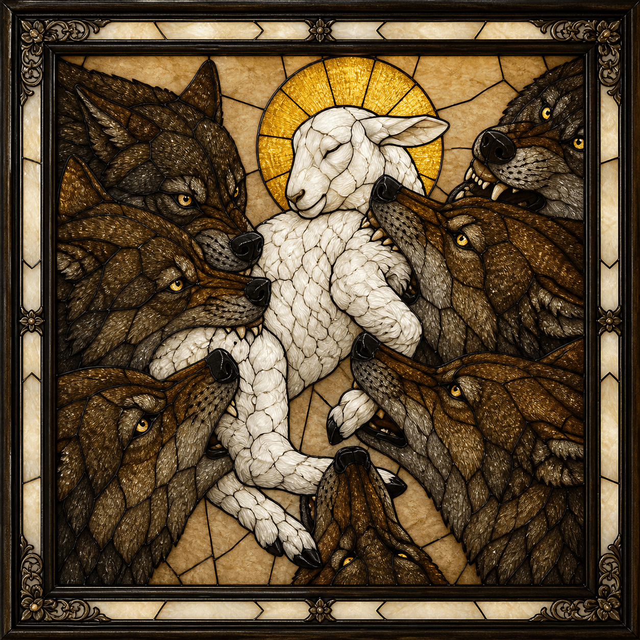 A framed stained-glass artwork depicts a peaceful white lamb with a golden halo surrounded by seven wolves, after Agnus by Konstantin Korobov.