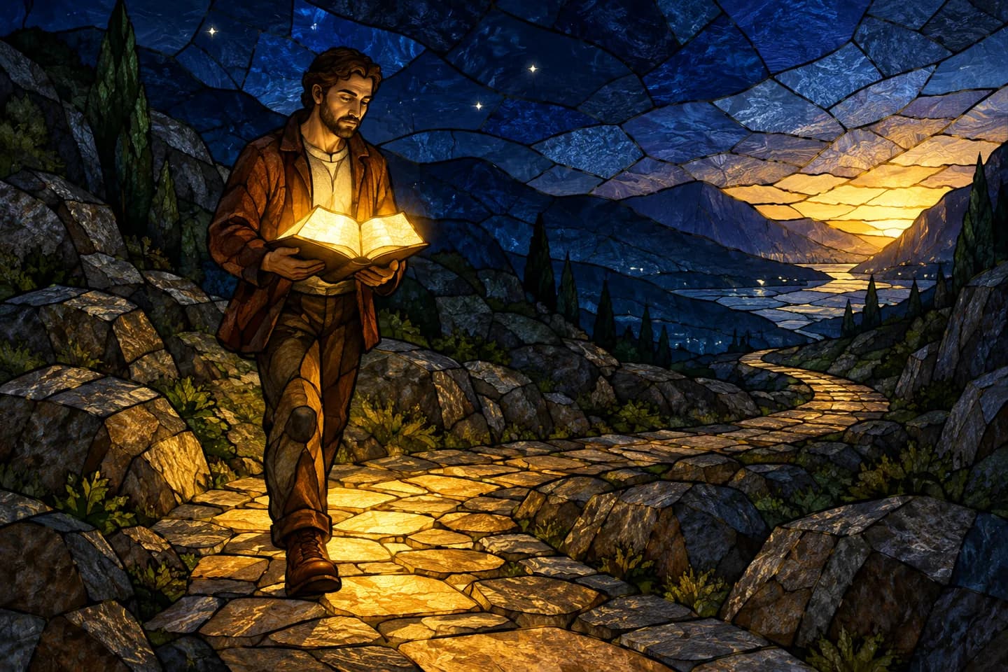 A stained-glass scene shows a man walking a stone path at night, holding an open Bible whose light shows his next steps toward the dawn.