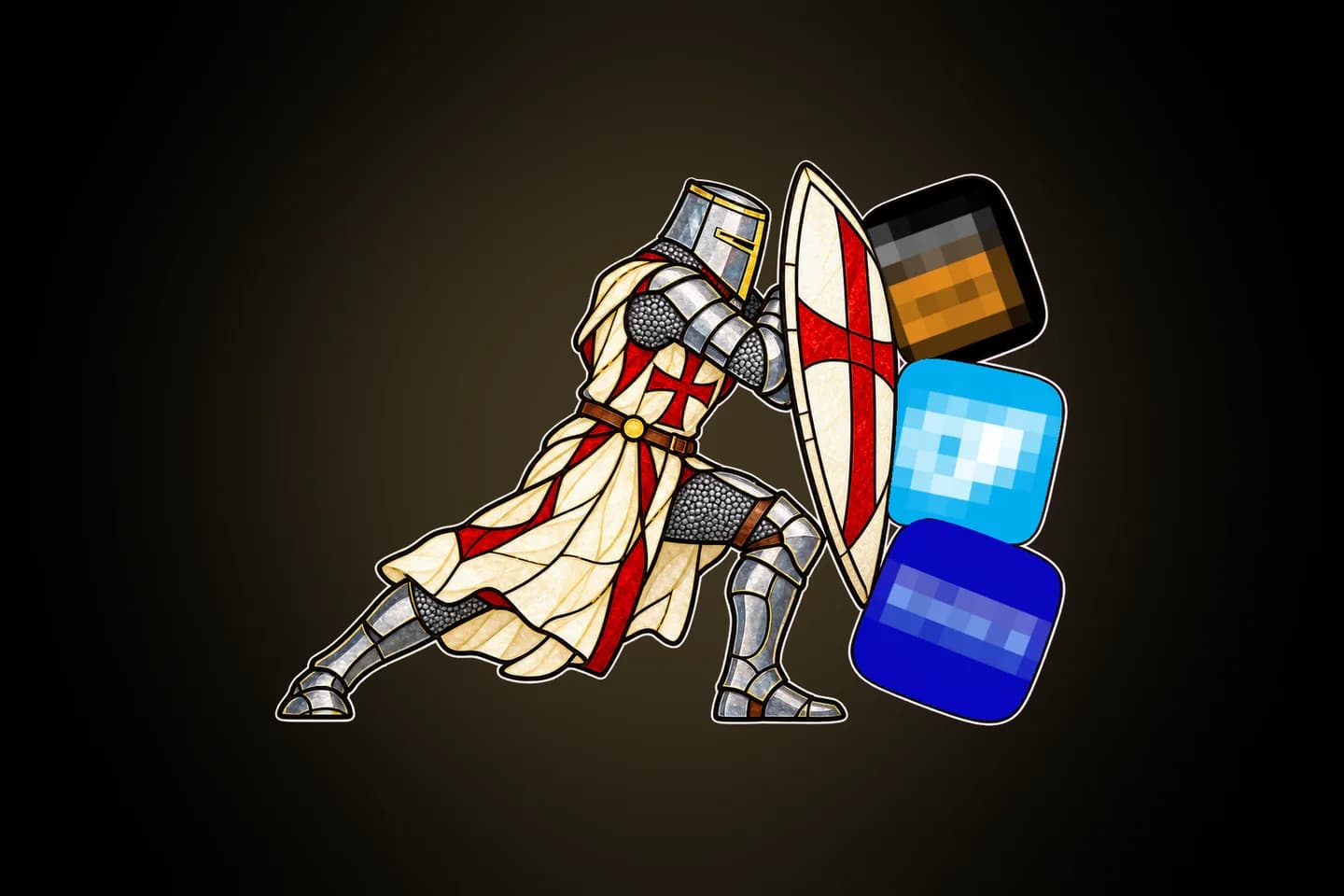 A stained-glass Templar pushes blurred, pixelated app icons back with his shield, on a dark background with a golden glow.