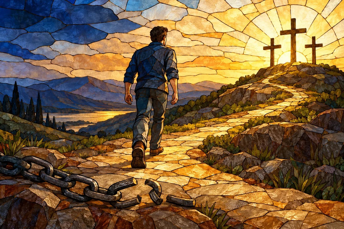 A stained-glass scene shows a man walking up toward three crosses on a hill at dawn, leaving a broken chain behind him.