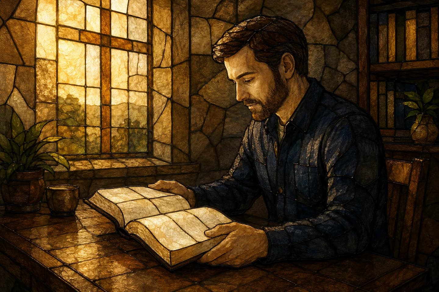 A stained-glass scene shows an adult man reading an open Bible at his desk in warm light.
