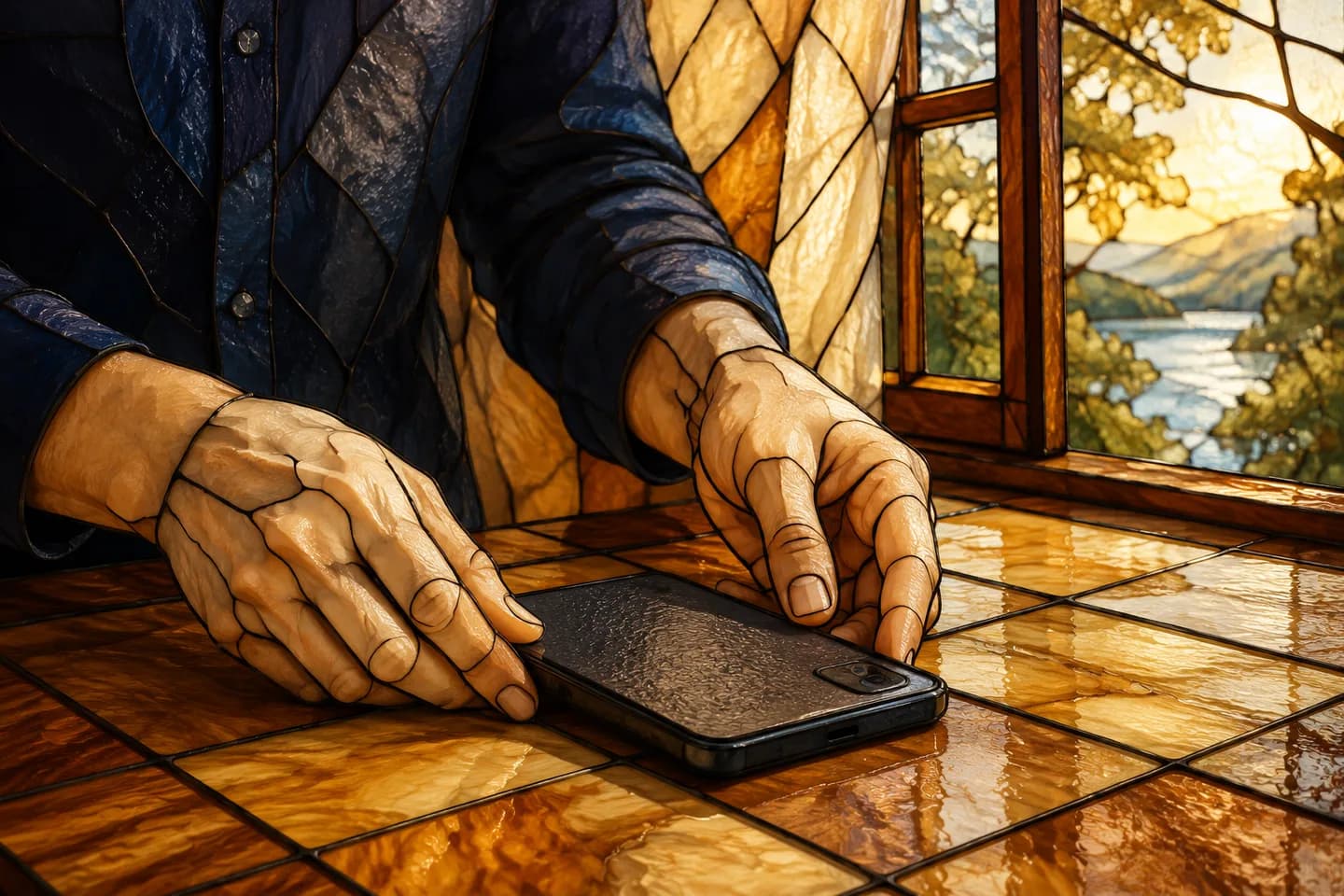 A stained-glass scene shows an adult hand placing a phone face down beside an open window to take a pause.