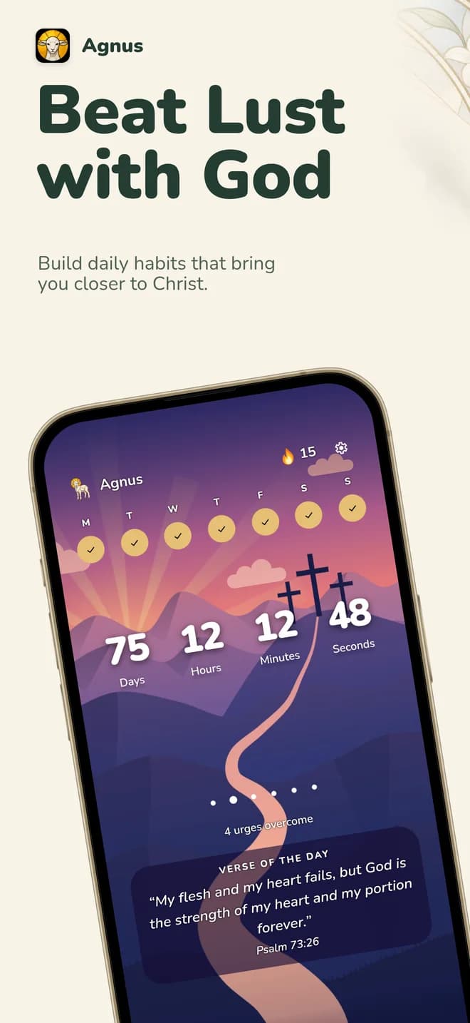 App Store screenshot “Beat Lust with God”: the Agnus home screen shows the counters in front of Calvary at sunset.