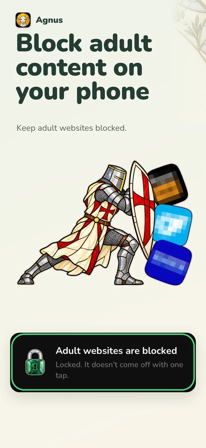Screenshot “Block adult content on your phone”: a stained-glass knight pushes back blurred icons, and a card says adult websites are blocked.