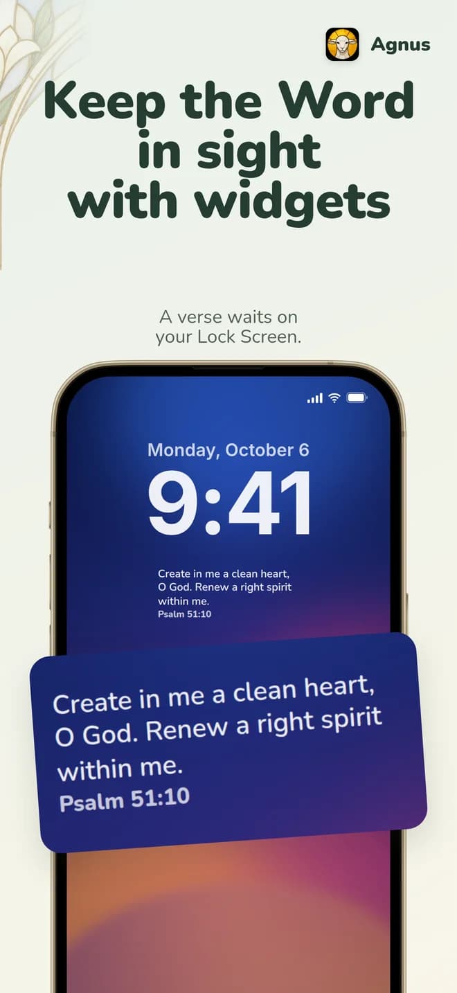 Screenshot “Keep the Word in sight with widgets”: a verse widget shows Psalm 51 on the Lock Screen.