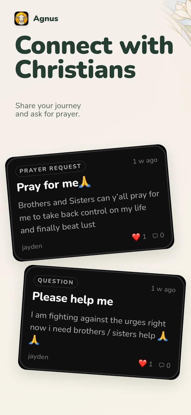 Screenshot “Connect with Christians”: Social shows a prayer request and a question.