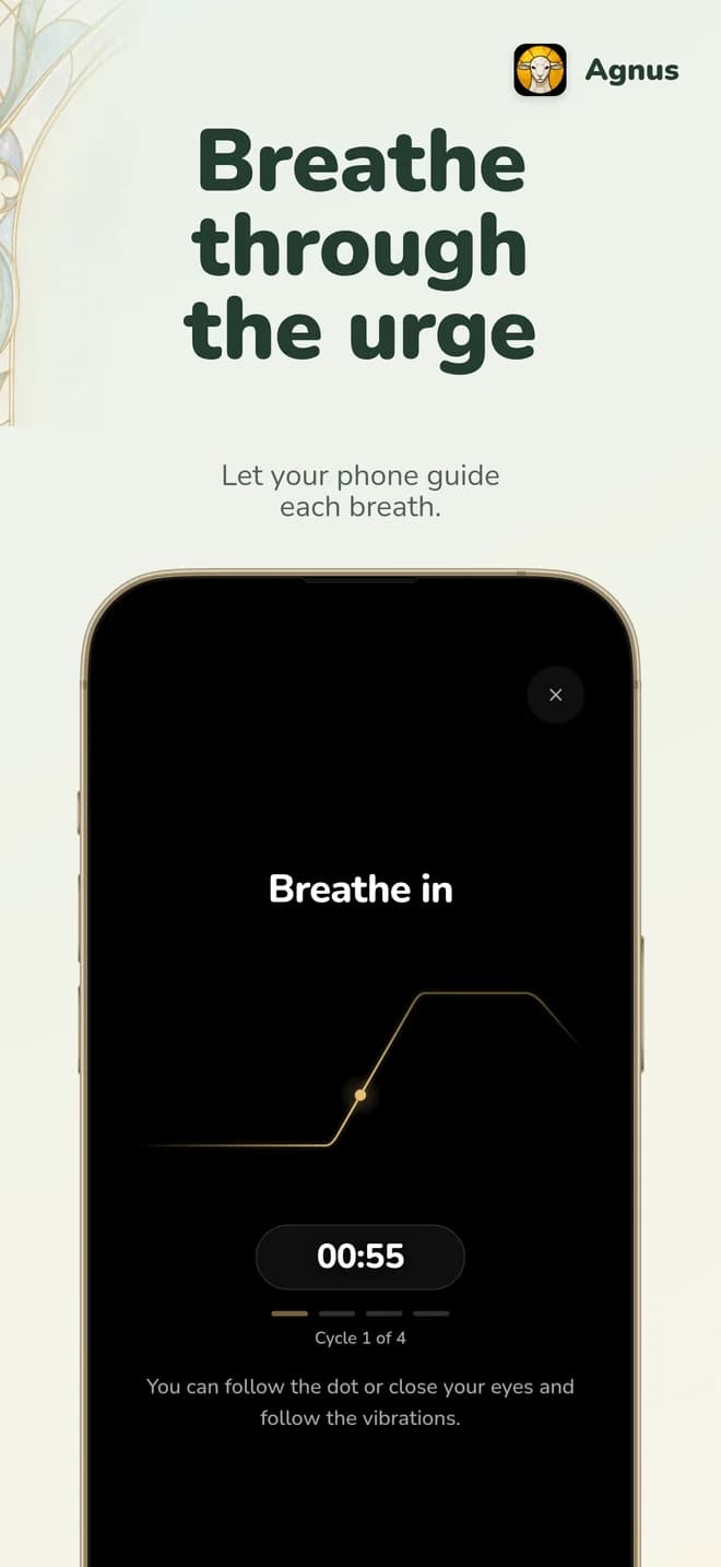 Screenshot “Breathe through the urge”: the guided breathing shows “Breathe in” and the time remaining.