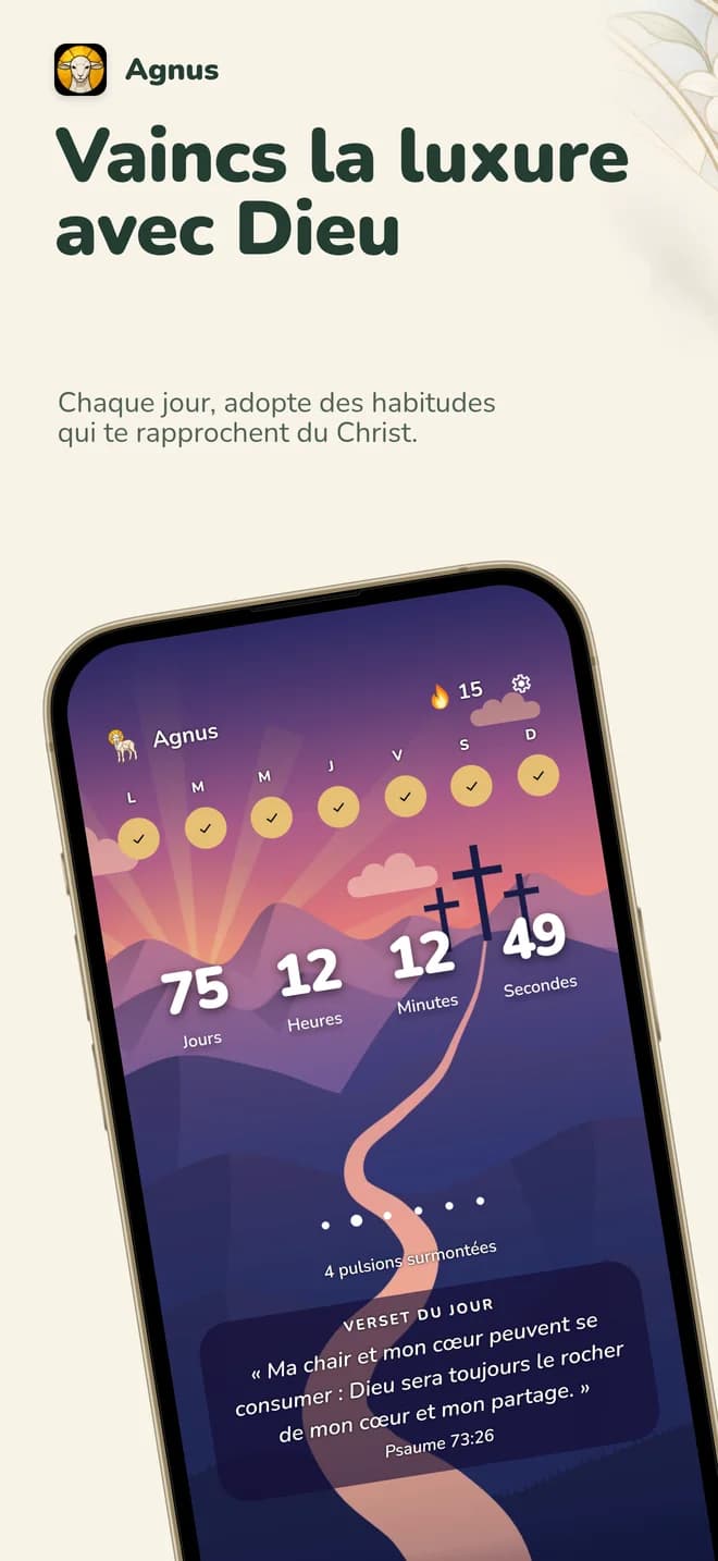 Capture de l’App Store « Vaincs la luxure avec Dieu » : l’accueil d’Agnus affiche les compteurs devant le Calvaire au coucher du soleil.