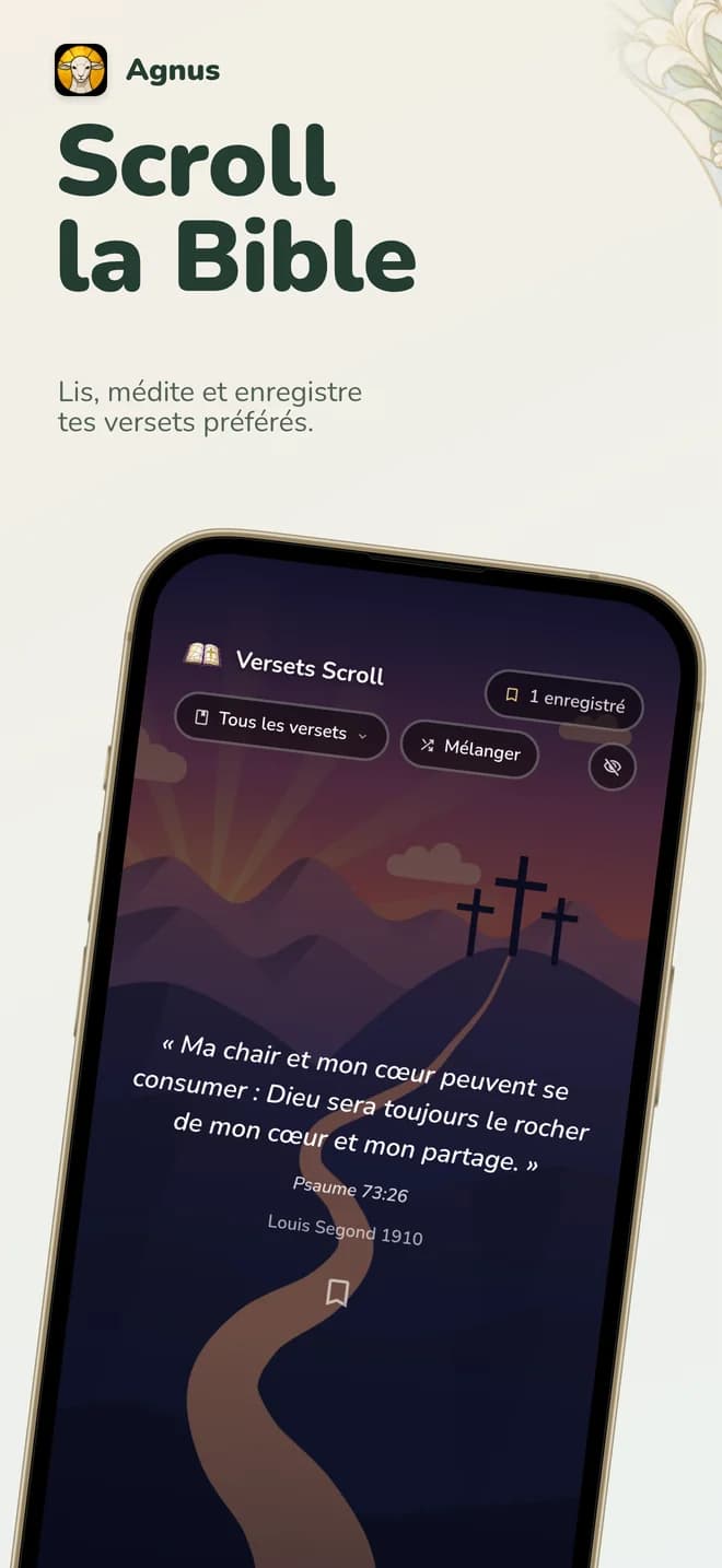 Capture « Scroll la Bible » : Versets Scroll affiche un psaume devant le Calvaire, avec le bouton d’enregistrement.