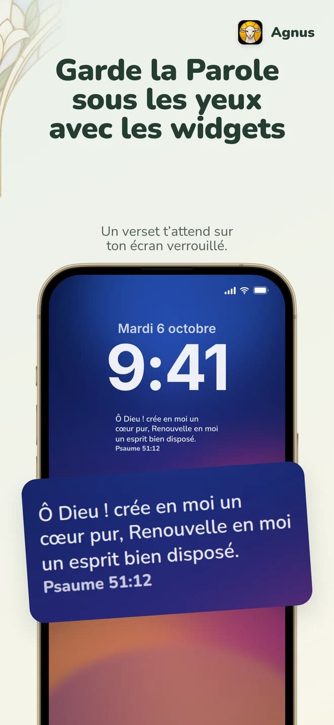 Capture « Garde la Parole sous les yeux avec les widgets » : un widget Verset affiche le Psaume 51 sur l’écran verrouillé.