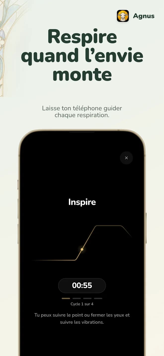 Capture « Respire quand l’envie monte » : la respiration guidée affiche « Inspire » et le temps restant.