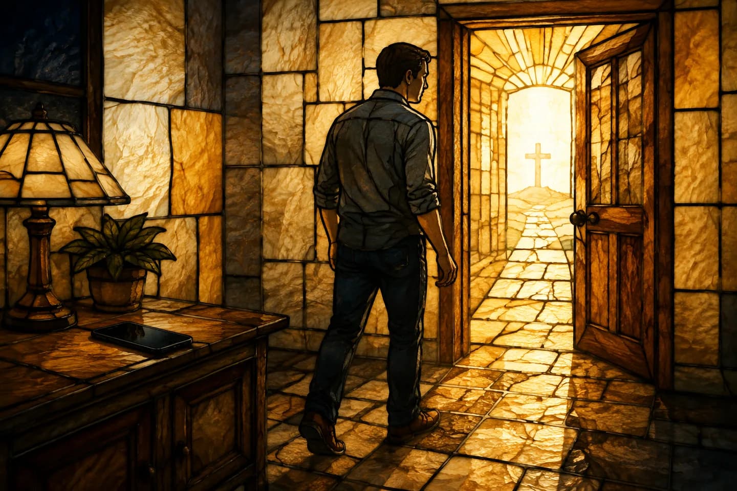 A stained-glass scene shows an adult man leaving his phone on a console table and walking toward a bright doorway marked with a cross.