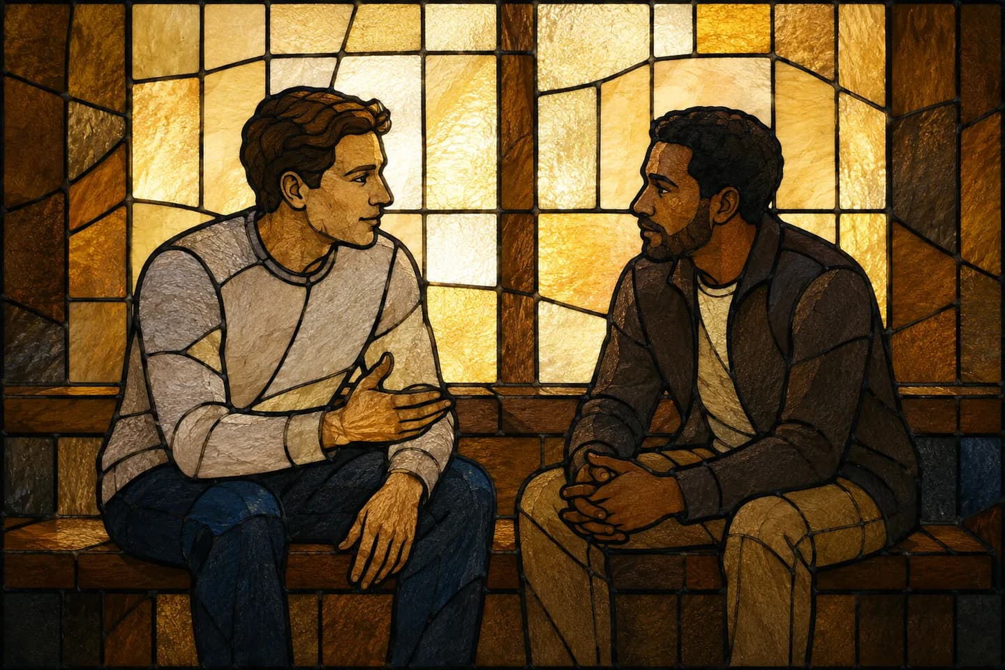 A stained-glass scene shows two adult men seated at the same level on a bench, talking and listening in warm light.