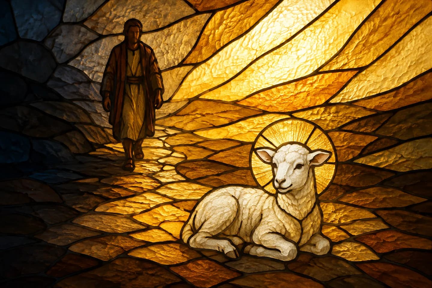 A stained-glass scene shows a white lamb with a golden halo and a man walking out of shadow toward the light.